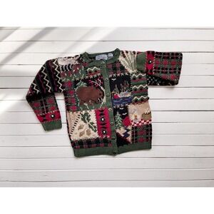 Northern Isles vtg forest animal mountain cabin plaid‎ hand knit cardigan